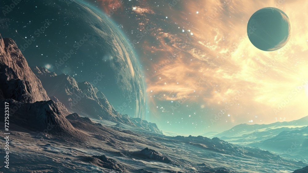 Alien land landscape with giant planet and mountains. Fantasy wall paper. - obrazy, fototapety, plakaty 