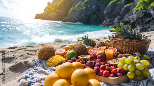 healthy fruit basket on the beach photo
