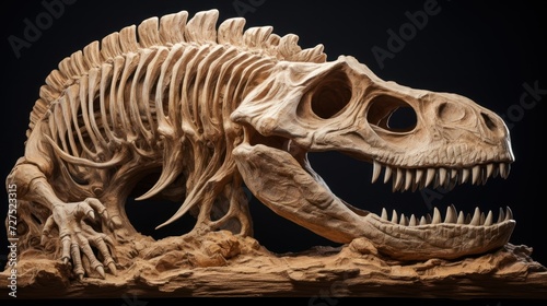 Dinosaur fossil in museum. Photorealistic.