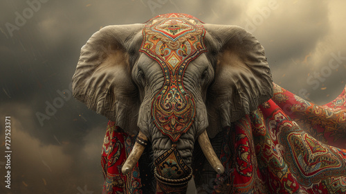 An elephant in a paisley shawl, large and in charge of fashion.
