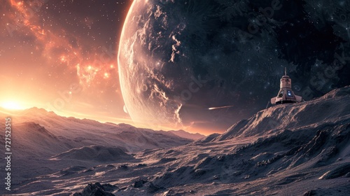 Fototapeta Naklejka Na Ścianę i Meble -  A human base station on alien land landscape with giant planet and mountains.