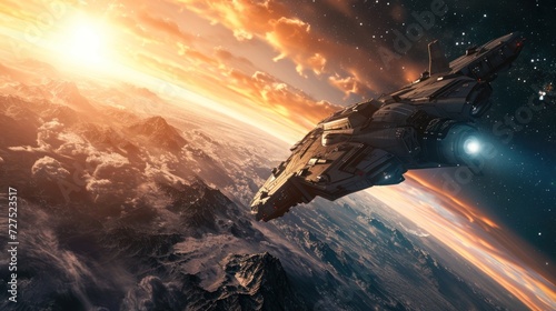 Fototapeta Naklejka Na Ścianę i Meble -  A space airplane spaceship flying over a giant planet in space.