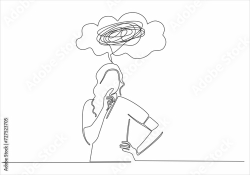Continuous line drawing of young woman feeling sad, tired and worried suffering from depression in mental health. problem, failure and broken heart concept isolated on white background
