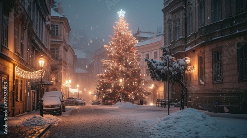 Holiday decoration in street with beautiful historical buildings in winter with snow and fog in Prague city in Czech Republic in Europe. © Joyce