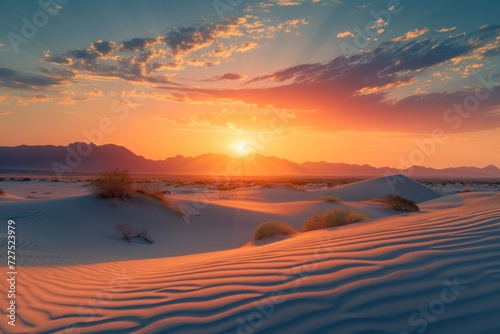 As the sun dips behind the mountains  its warm glow bathes the desert dunes in a soft light  highlighting the intricate patterns etched by the wind.