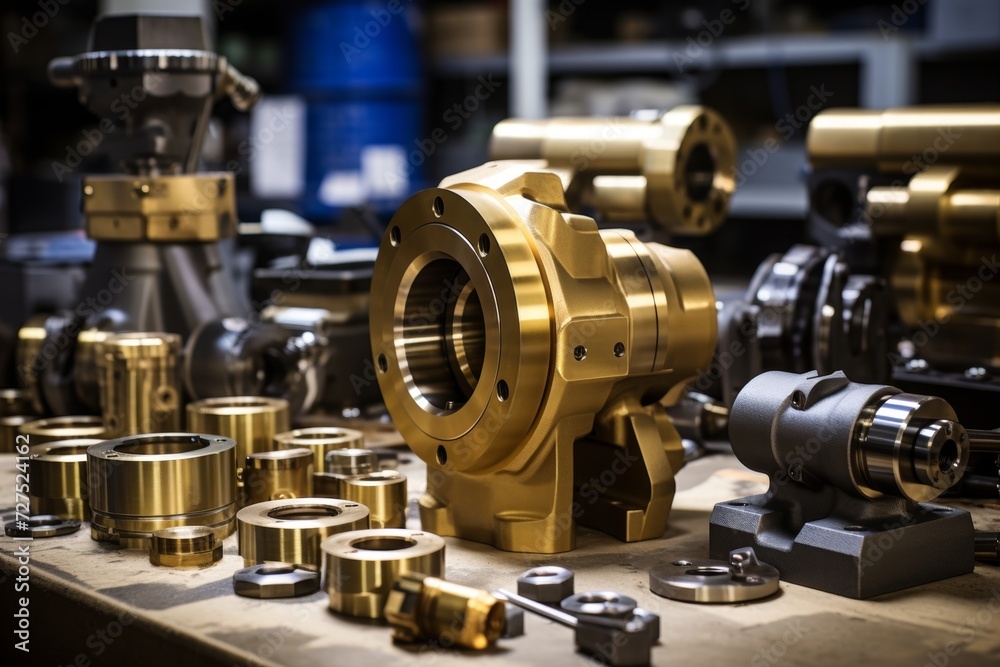 A Close-Up Image of a Shiny Brass Fitting, Perfectly Machined and Lying on a Workbench Surrounded by Various Industrial Tools and Blueprints A Close-Up Image of a Shiny Brass Fitting, Perfectly Machined and Lying on a Workbench Surrounded by Various Industrial Tools and Blueprints