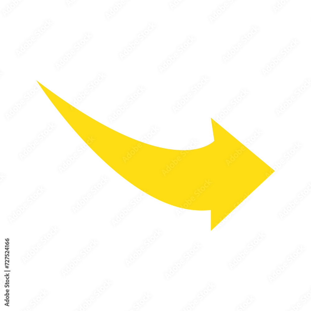 Curved yellow arrow isolated on white background. Arrow icon. Vector illustration isolated. Curved yellow arrow isolated on white background. Arrow icon. Vector illustration isolated.