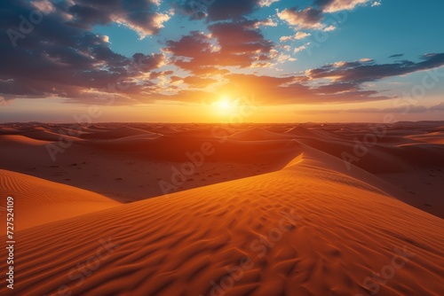 The sun dips below the horizon  casting a warm glow over the vast  rippling dunes of the serene desert landscape.