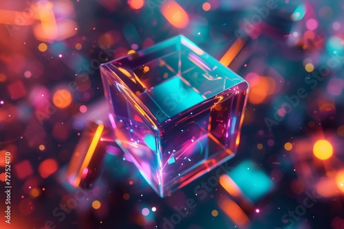 A luminous, translucent cube floats in a vibrant kaleidoscope of neon lights, hinting at a world of futuristic possibilities and digital beauty. photo