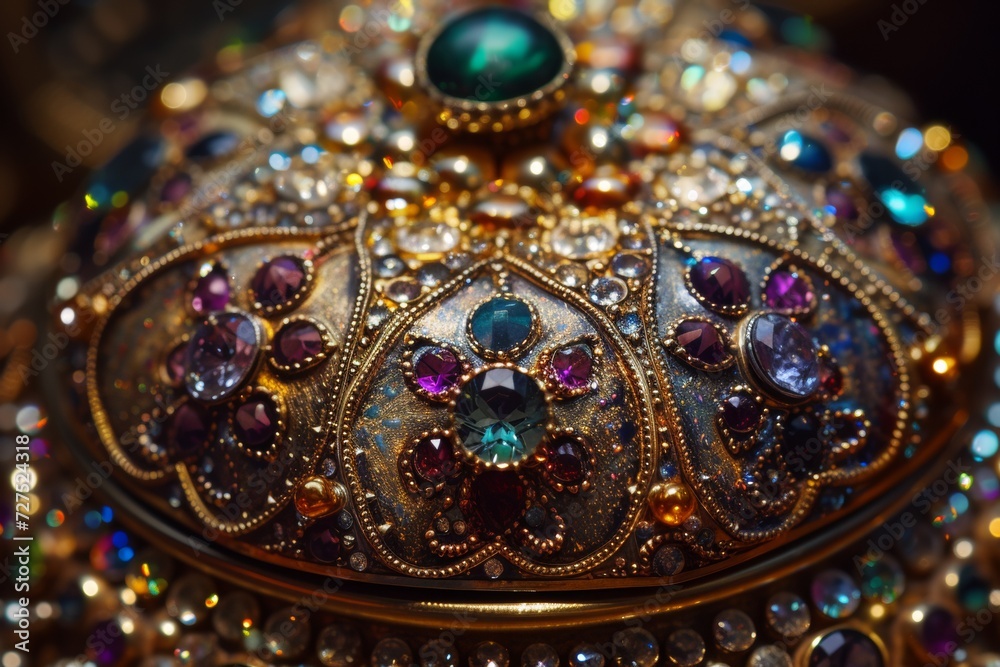 The intricate jeweled egg, adorned with glittering gems and gold, shimmers like a treasure from a bygone era.