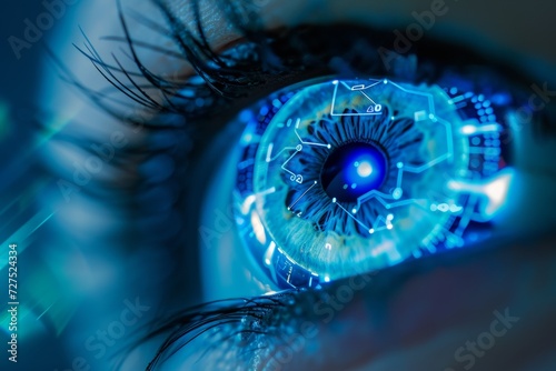 A close-up depicts a human eye interlaced with futuristic circuitry, illustrating the blend of biology and technology in a cybernetic vision.