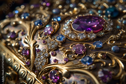 The ornate golden jewelry, bedecked with sparkling amethysts and sapphires, exuded an aura of antique luxury and timeless elegance.