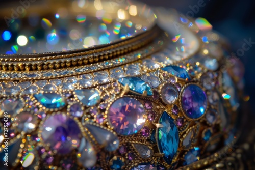 The intricate piece glimmers, each gem capturing and reflecting light, weaving a dance of color and sparkle.