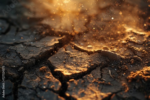 As the sun sets, its golden rays embrace the parched earth, casting a warm glow on the cracked terrain, while dust particles dance in the light.