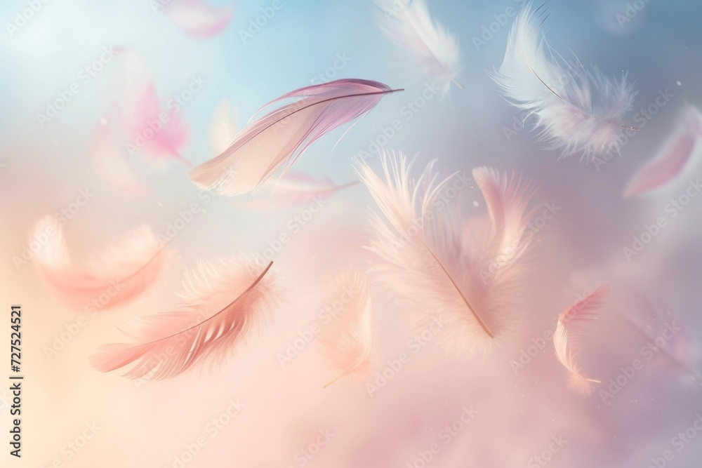 Feathers adrift in a tranquil dance, their hues blending with the soft embrace of the pastel sky.