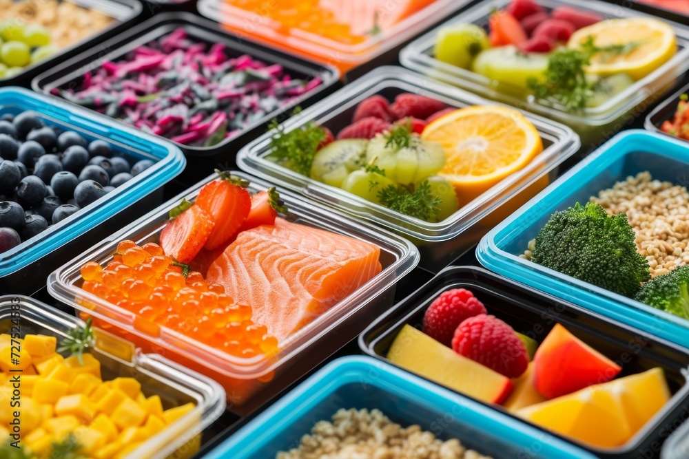 An assortment of colorful meal prep containers filled with fresh fruits, vegetables, fish, and grains for a week of healthy eating.