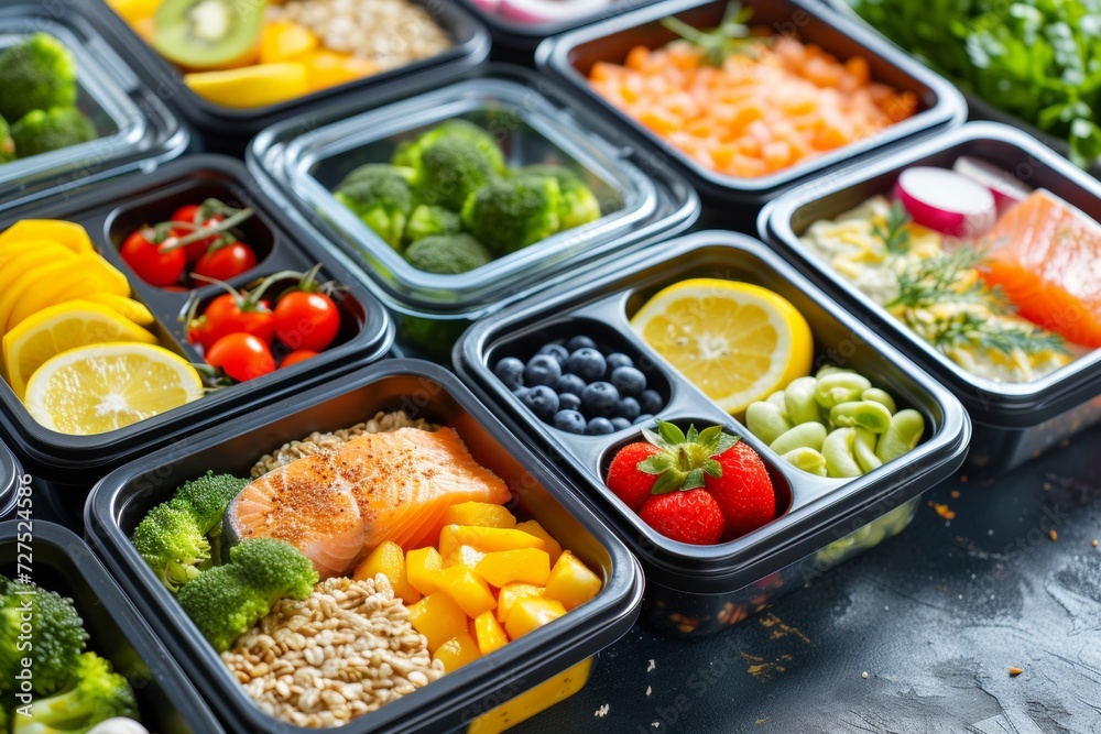 These meal prep containers feature a balanced mix of colorful veggies, fruits, and lean protein - a delight for health-conscious foodies. These meal prep containers feature a balanced mix of colorful veggies, fruits, and lean protein - a delight for health-conscious foodies.
