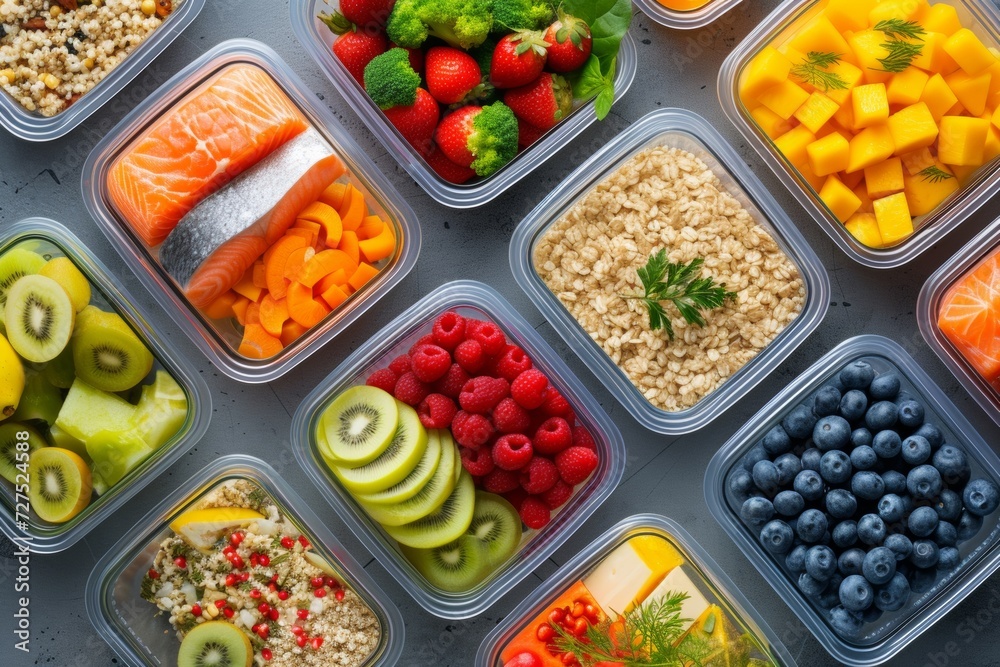 Colorful meal prep containers flaunt a rainbow of nutritious options, from fresh berries and kiwi slices to savory salmon and vibrant veggies.
