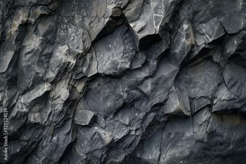 The jagged texture of this dark slate rock reflects a rugged history, etched by time and the elements, revealing nature's raw artistry. © tonstock
