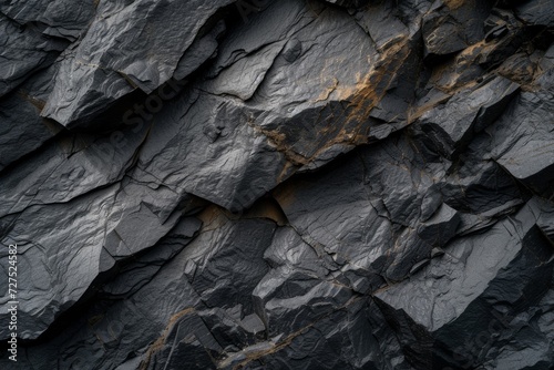 Intricate veins of golden minerals trace through the rugged landscape of dark, textured slate, revealing the natural beauty sculpted by time.