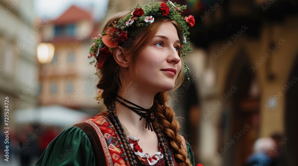 A beautiful girl in traditional Czech clothing in street with historic buildings in the city of Prague, Czech Republic in Europe. A beautiful girl in traditional Czech clothing in street with historic buildings in the city of Prague, Czech Republic in Europe.
