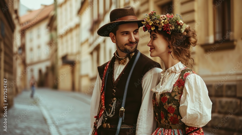 A lovely young couple in traditional Czech clothing in street with historic buildings in the city of Prague, Czech Republic in Europe.