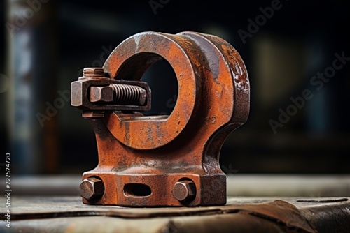 A close-up view of a heavy-duty industrial clamp, rusted with age, against a backdrop of worn machinery parts in an old factory setting