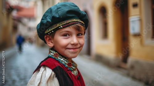A little boy in traditional Czech clothing in street with historic buildings in the city of Prague, Czech Republic in Europe.