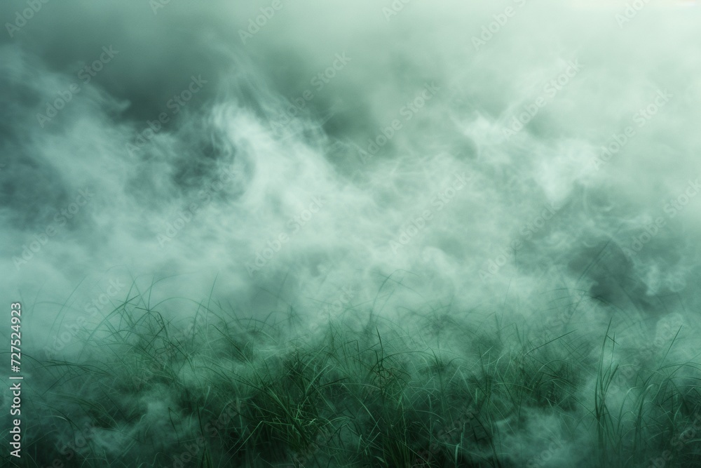 Fototapeta premium Whisps of mist weave through the verdant blades of grass, crafting a scene of ethereal beauty and tranquil mystery.