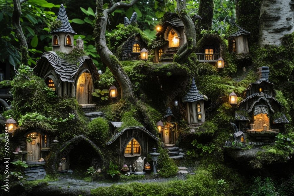 Fototapeta premium Nestled in a lush, green forest, these enchanting fairy tale cottages radiate warmth with their glowing windows, inviting one into a magical realm.
