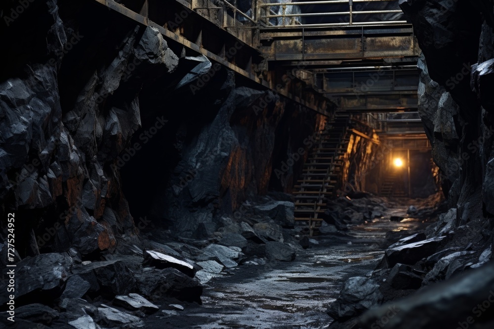 A Detailed View of the Robust Roof Support Structures in Underground Mines, Illuminated by Artificial Light Against a Dark Background A Detailed View of the Robust Roof Support Structures in Underground Mines, Illuminated by Artificial Light Against a Dark Background
