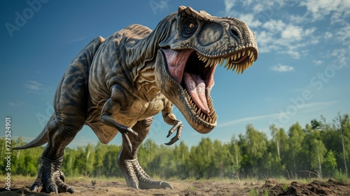 Angry Tyrannosaurus rex roars in prehistoric plains, its mighty presence dominating the landscape, Ai Generated.