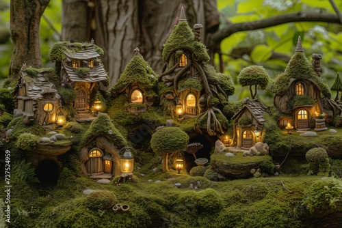 In a tranquil forest clearing, glowing windows cast a warm light from the whimsical moss-covered fairy homes, perched among the roots and trees.