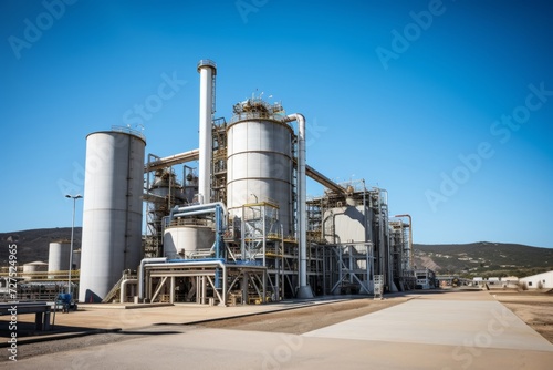 A panoramic view of a bustling pelletizing plant with towering silos, conveyor belts, and a backdrop of a clear blue sky photo