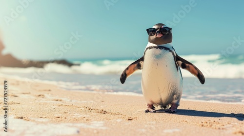 Illustrating climate change, a penguin in sunglasses stands on a sunny beach, a surreal scene, Ai Generated.
