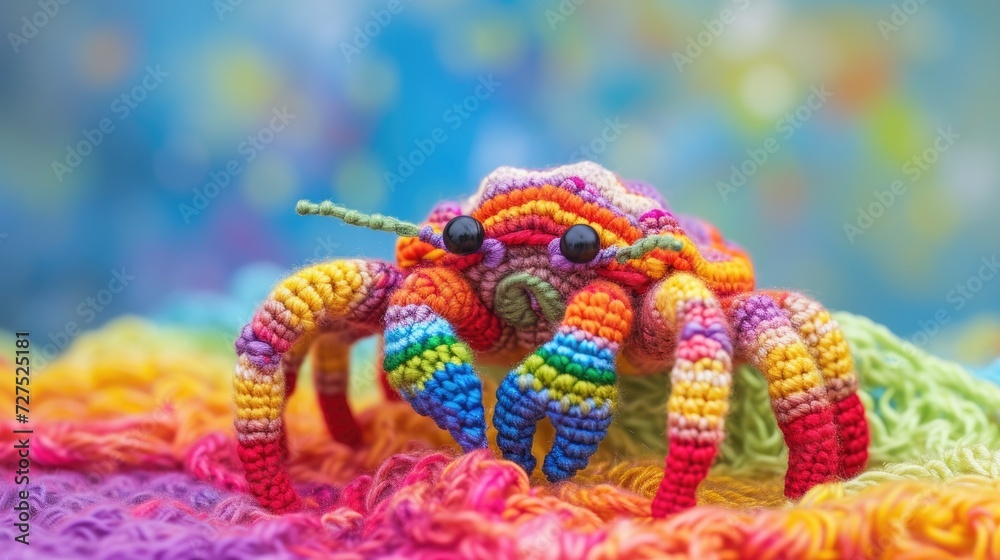 Crocheted hermitcrab toy vibrant backdrop, handcrafted and adorable, Ai Generated