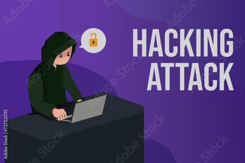 Hackers have attacked data security and account protection. Cartoon flat design hacker cyber attack great for motion design, background, illustration, and wallpaper.