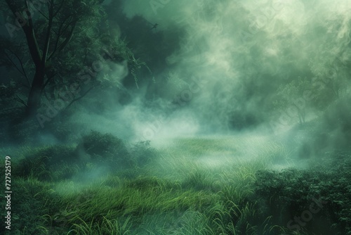 As dawn breaks  a mystical fog weaves through the verdant forest  enshrouding the landscape in an ethereal blanket of green haze.