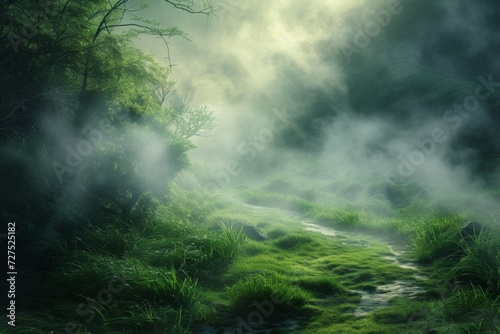 A serene mist veils the verdant path, where whispers of light dance through the foliage, invoking a tranquil early morning's embrace.