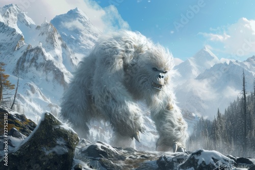 Amidst the snowy peaks, a mighty yeti stands as the unchallenged guardian of the icy realm, gazing fiercely over its frosty kingdom. © tonstock