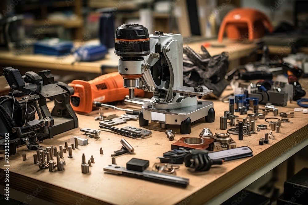 Intricate Assembly Jig Laid Out on a Workshop Table, Illuminated by Overhead Lights, with Various Industrial Tools in the Background Intricate Assembly Jig Laid Out on a Workshop Table, Illuminated by Overhead Lights, with Various Industrial Tools in the Background