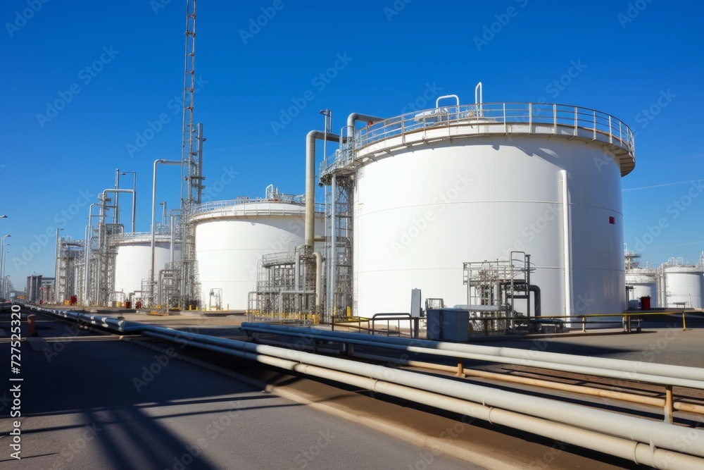 Obraz premium Industrial Landscape of an Engine Oil Filling Station with Rows of Large Storage Tanks, Piping Systems and a Clear Blue Sky in the Background