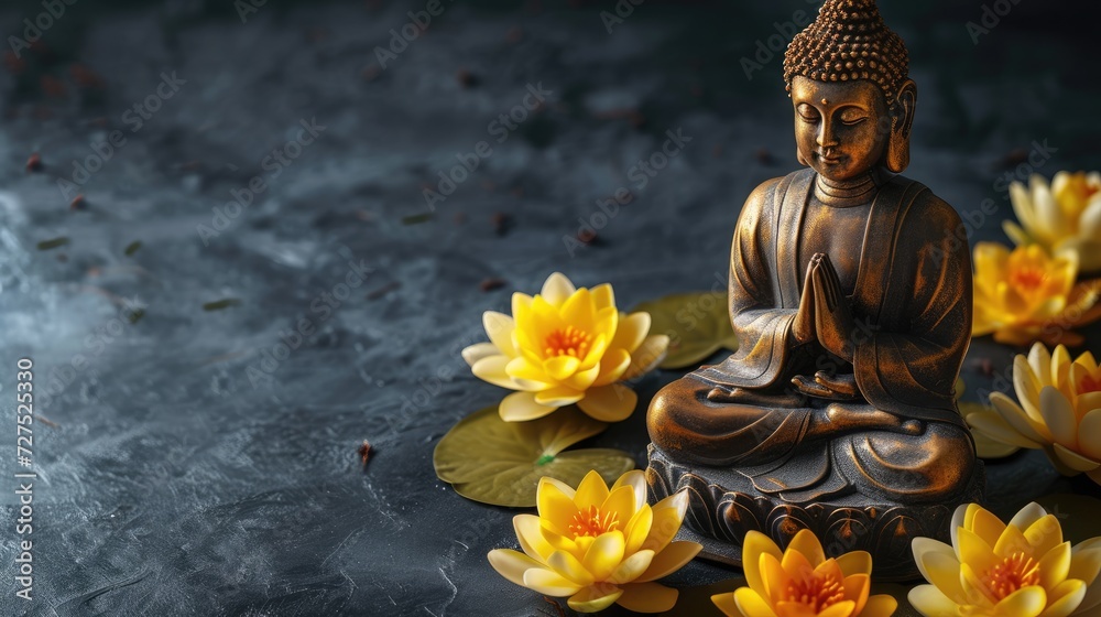Gold Buddha statue and yellow lotus flowers on a dark backdrop, Ai Generated.
