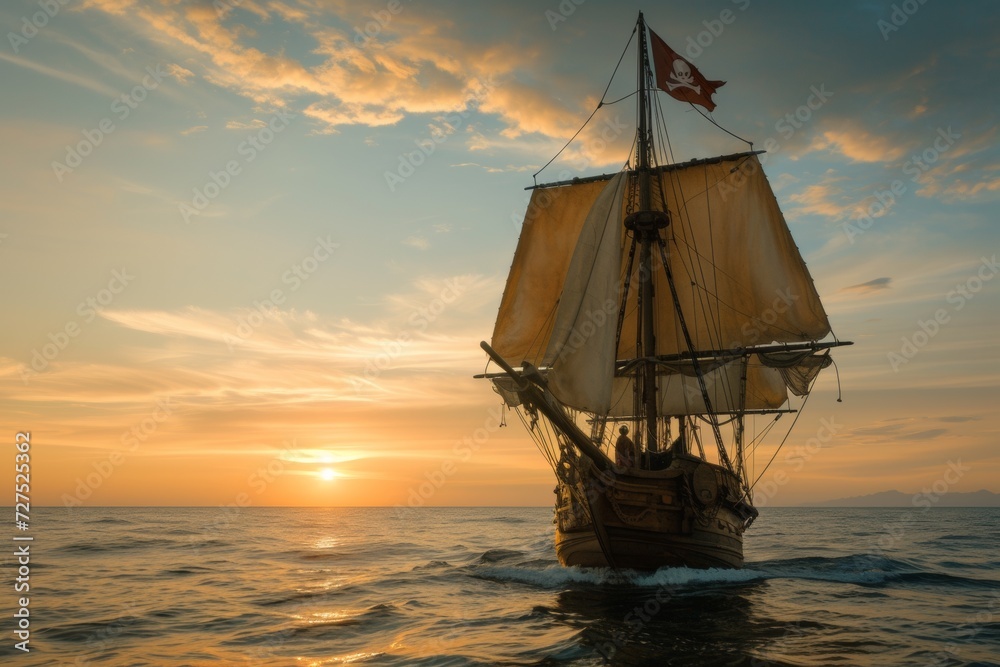A majestic pirate ship sails towards the horizon, its sails aglow with the golden hues of the setting sun.