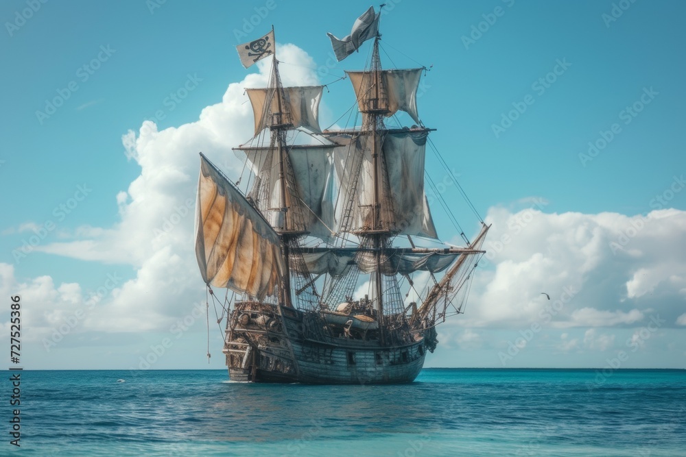 Billowing sails and weathered wood, a majestic ship charts its course through azure seas, its Jolly Roger whispering tales of adventure. Billowing sails and weathered wood, a majestic ship charts its course through azure seas, its Jolly Roger whispering tales of adventure.