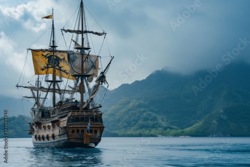 A majestic tall ship sails silently past lush mountains, evoking the timeless spirit of exploration under a cloudy sky.