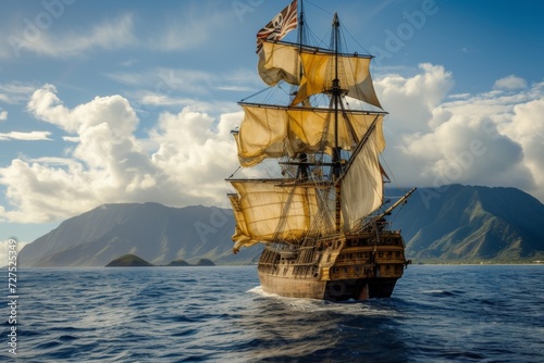 Under a sky scattered with clouds, a majestic tall ship sails near mountainous landscapes, its sails full, embracing the wind's power.