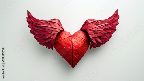Paper origami red heart with wings on a clean white background  Ai Generated.