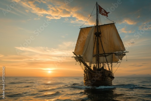 A majestic pirate ship sails towards the horizon, its sails aglow with the golden hues of the setting sun. © tonstock
