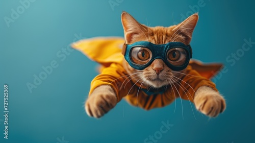Adorable Cat Wearing Superhero Cape and in flying pose © mamoo studio